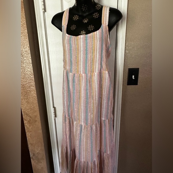 Metallic Sun Dress PINK Aqua Multicolored Tiered Lined Flowy Crepe Prairie Dress - Picture 13 of 14